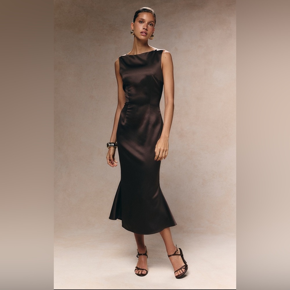 Brown satin boat neck fishtail midi dress